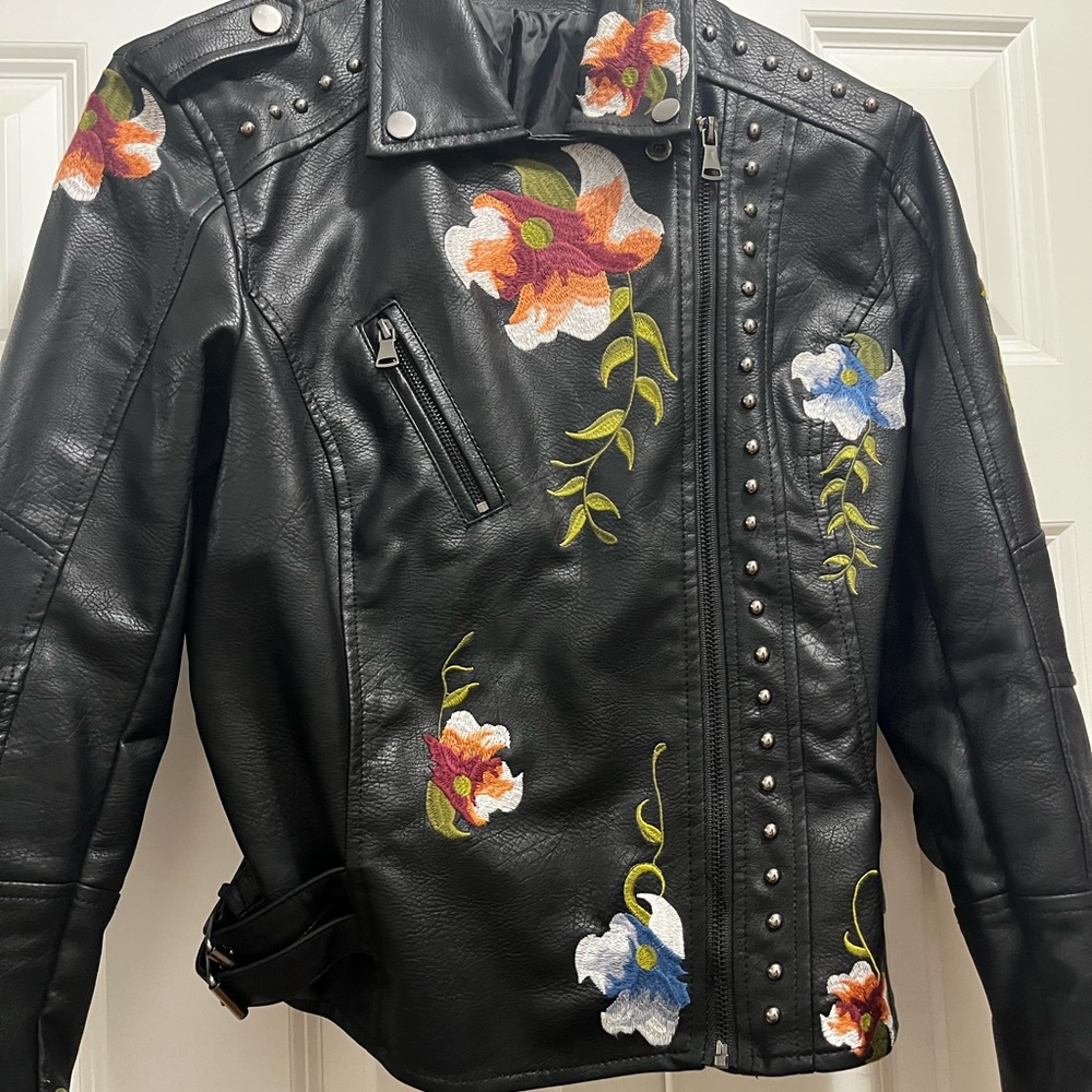 Floral Embroidered Black Leather Jacket